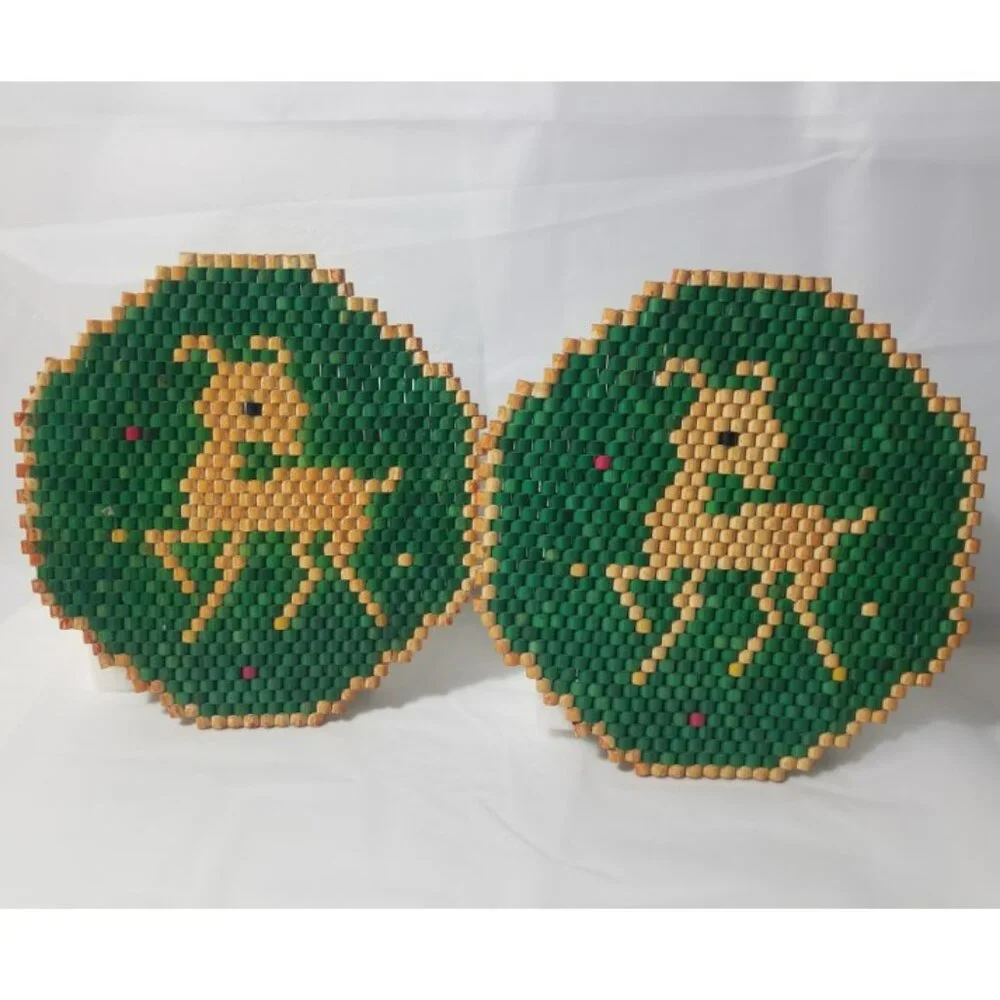 Vtg Bamboo Wood Bead Trivets Hot Pads Reindeer Deer Fawn 8